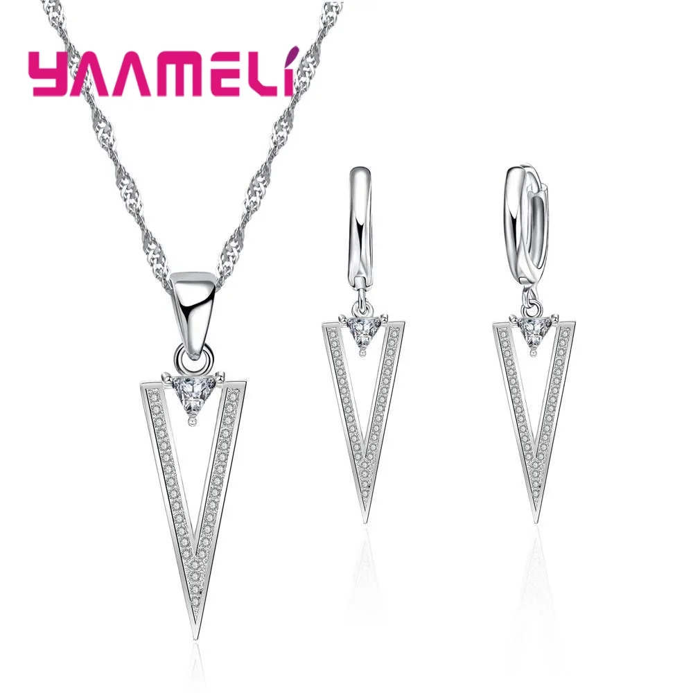 Bride Charming Accessories Sharp GeometricTriangle 925 Sterling Silver Jewelry Set Fashion Necklace Earrings For Women