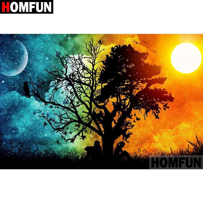 

HOMFUN Diamond Painting Cross Stitch "Day night tree" 5D DIY Diamond Embroidery Full Square/round Rhinestone Of Picture A07321