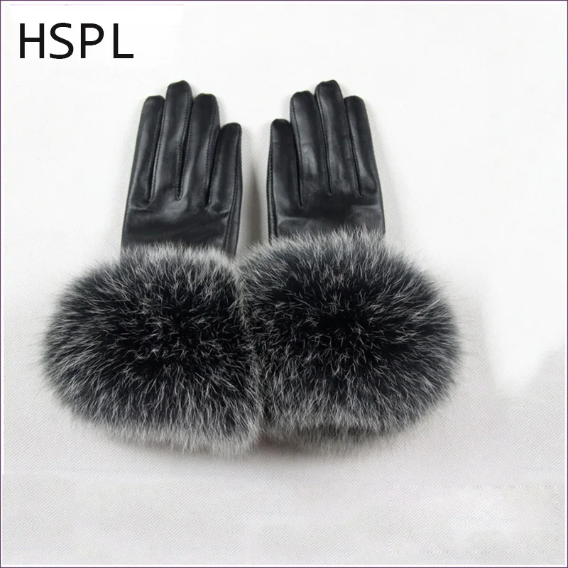 HSPL 2017 Luxury Large Fox Fur Women\'s Genuine Leather Gloves suede gloves thermal