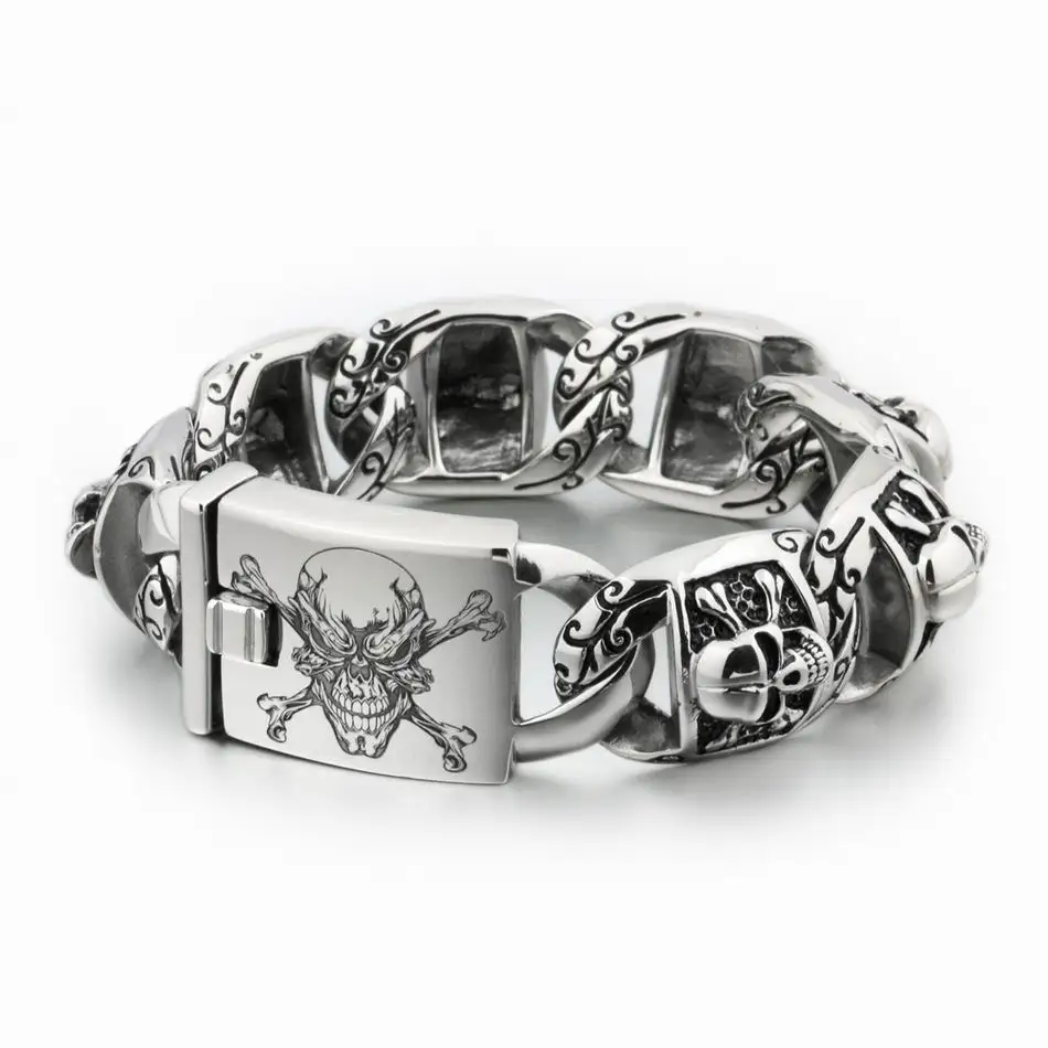 LINSION Huge Heavy 316L Stainless Steel Deep Laser Engraved Pirate Skull Mens Boys Biker Rock Punk Bracelet 5T102