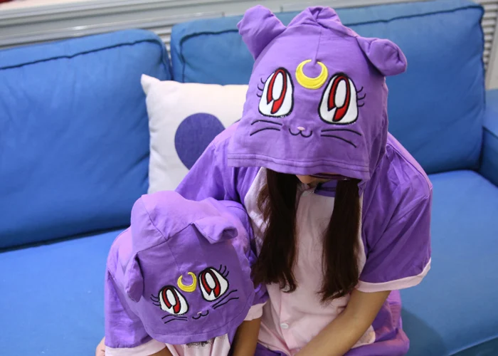 Kawaii Purple Cat Anime Onesie Hoodie Pajamas Adult Summer Animal Pijamas Unisex Cotton Short Sleeve Animal pajamas