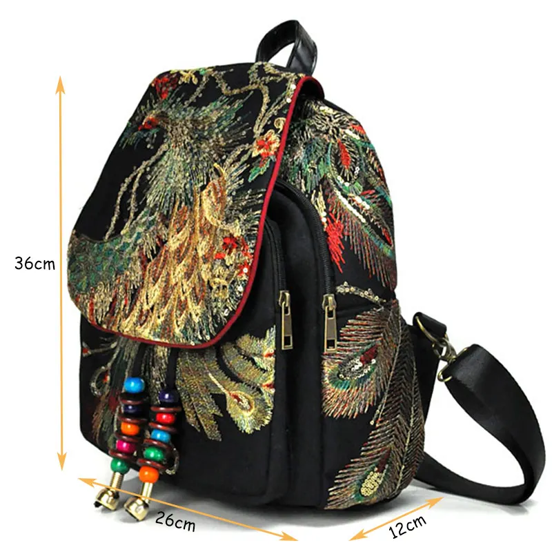 Veowalk Peacock Sequins Embroidered Women\'s Canvas Backpacks, Ladies Floral Rucksacks Woman Small School Back Bag Bagpack