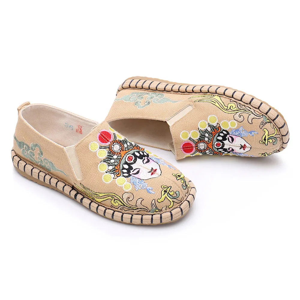 Veowalk Chinese Opera Embroidery Women Canvas Loafers Ladies Comfort Slip-on Flats Soft Cotton Embroidered Shoes