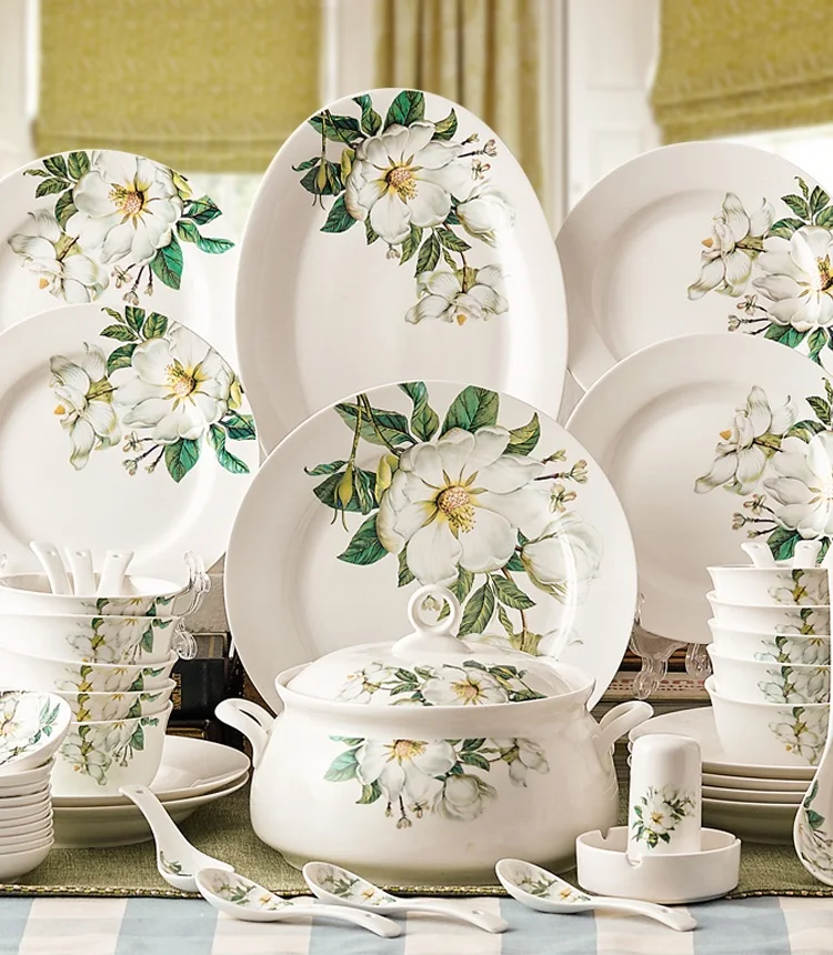 Ceram Plates 56pcs Porcelain Sunshine Kitchen Utensil set Dinnerware Set Bone China Dishes Fancy Plates and Bowls Set