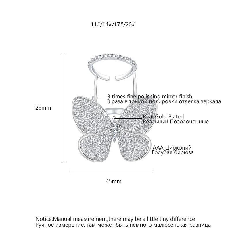 LUOTEEMI High Quality Korean Fashion Wedding Butterfly Rings for Teen Micro Paved Shining CZ Movable Jewelry for Christmas Party