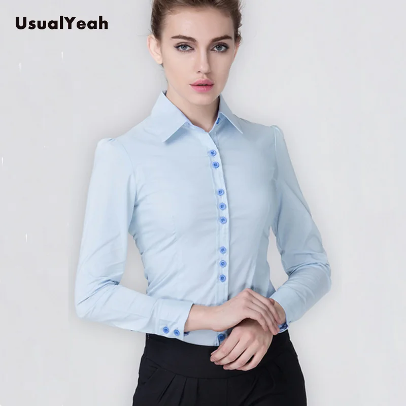 Blusa de manga larga para mujer, Camisa lisa con botones, cuello vuelto, retales, cuerpo, SY0175, blanco y azul