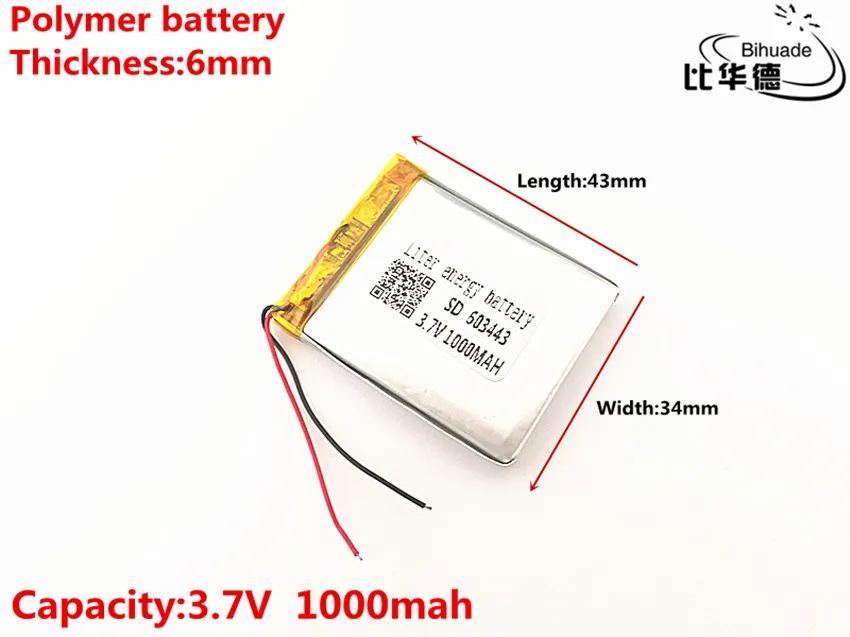 2pcs/lot 3.7V,1000mAH,603443 Polymer lithium ion / Li-ion battery for TOY,POWER BANK,GPS,mp3,mp4