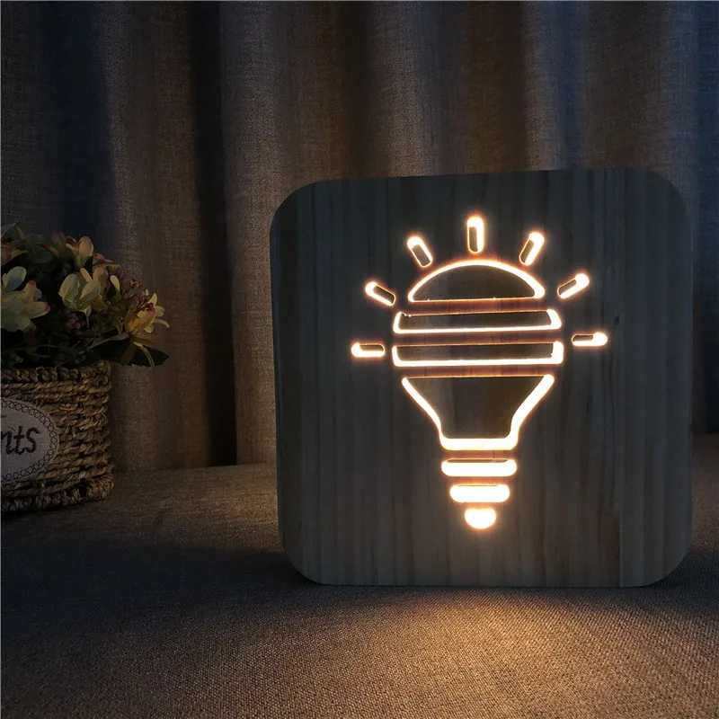 LED Wood Light Lamp Edison bulbs Shape USB Operated Mood Lamp 3D Luminaria Baby Lamp Birthday Gifts For Kids Bedroom Decoration