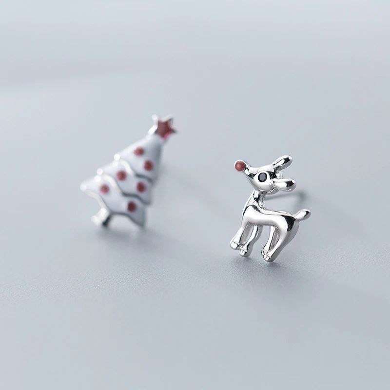 MloveAcc 925 Sterling Silver Stud Earrings Deer Christmas Tree Asymmetrical Earrings for Women Girl Christmas Gift Jewelry