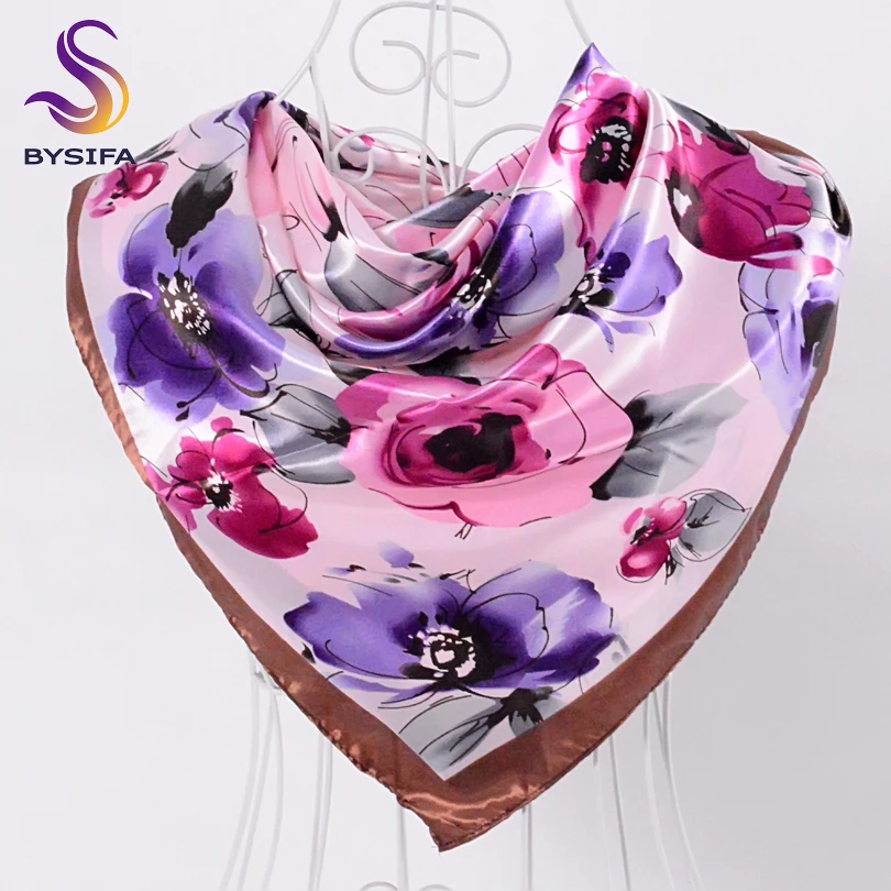 [BYSIFA] Ladies Sweet Pink Purple Square Scarves Autumn Winter Satin Scarves Muslim Headscarves 90*90cm Crepe Satin Silk Scarf