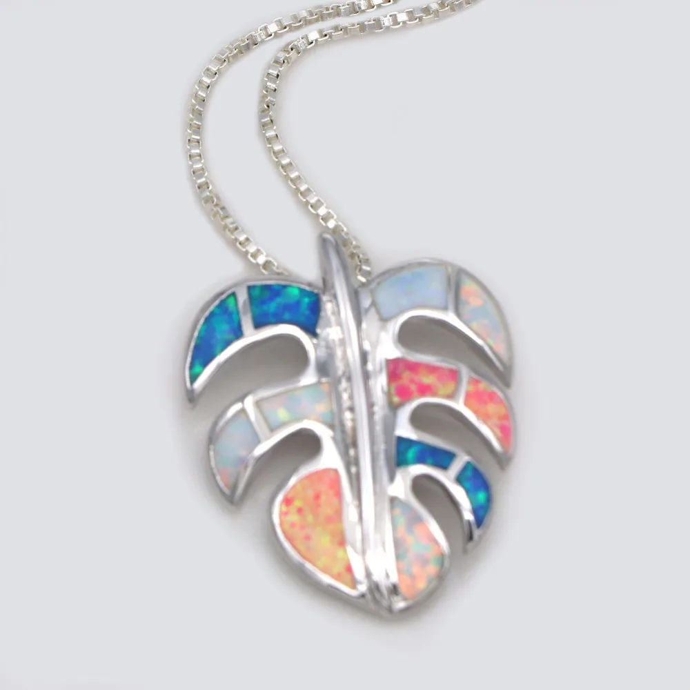 JLP-1380 قلادة على شكل أوراق أوبال ملونة - الروديوم فوق سلسلة نحاسية مع سحر D، مجوهرات عصرية 50 سم قابلة للتعديل