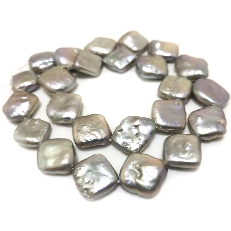 16 inches 14-15mm Silver Gray Diagonally Drilled Flat Square Shaped Natural Nucleated Pearl Loose Strand for Necklace