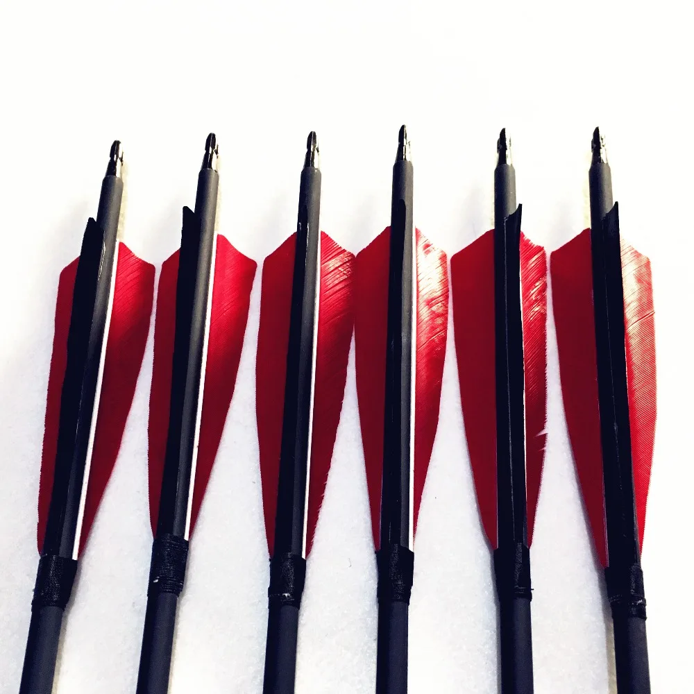 12pcs 30 pollici carbon arrow Spine 600.OD7.8mm/ID6.2mm. 2 rosso e 1 nero. Testa sostituibile/adatta per arco inverso tradizionale