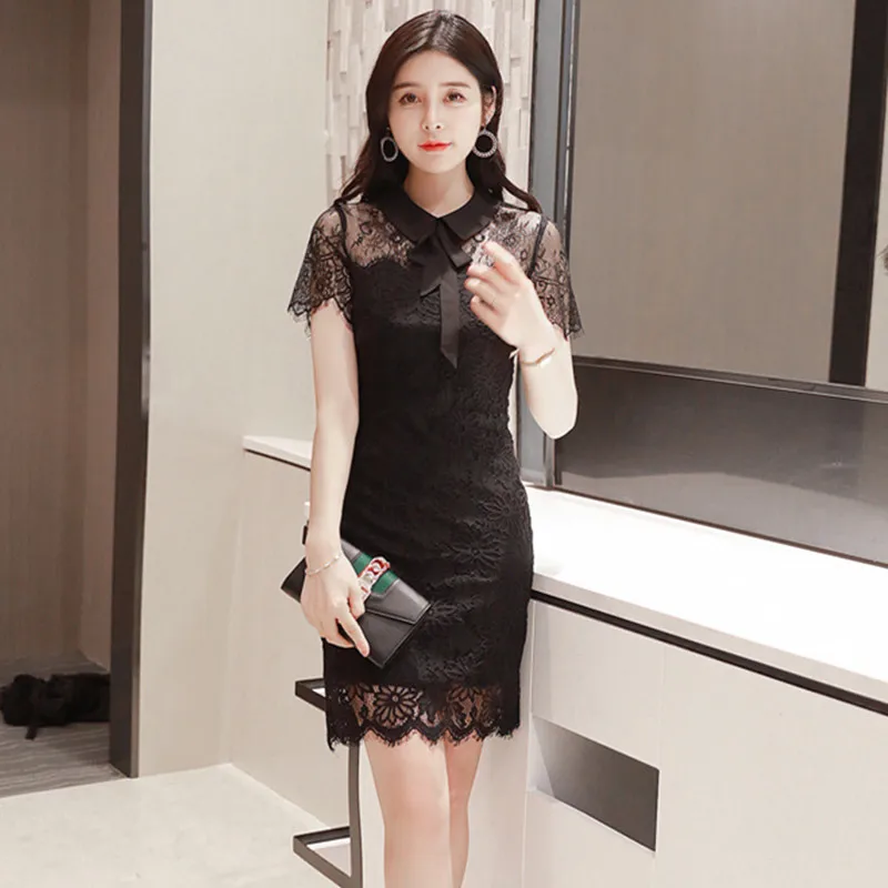 

Summer Black Lace Dresses Bow Collar Short Sleeve High-end Women Dress Office Lady Sexy Party Vintage Bandage Sheath Mini Dress