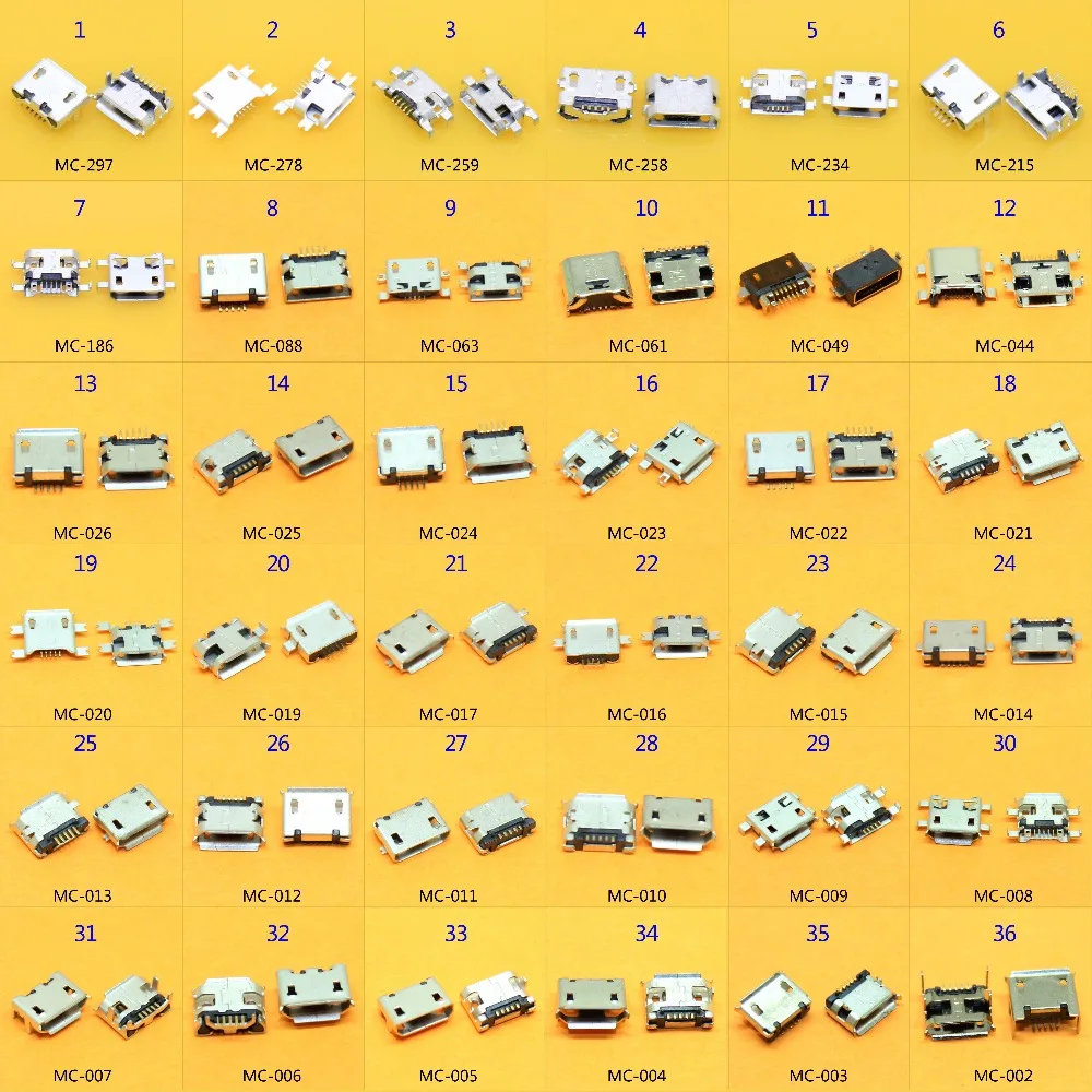 36models 360pcs/lot Micro USB 5 Pin Jack Micro USB Socket Micro USB 5P Jack Connector Port For Samsung Lenovo Huawei ZTE HTC ect