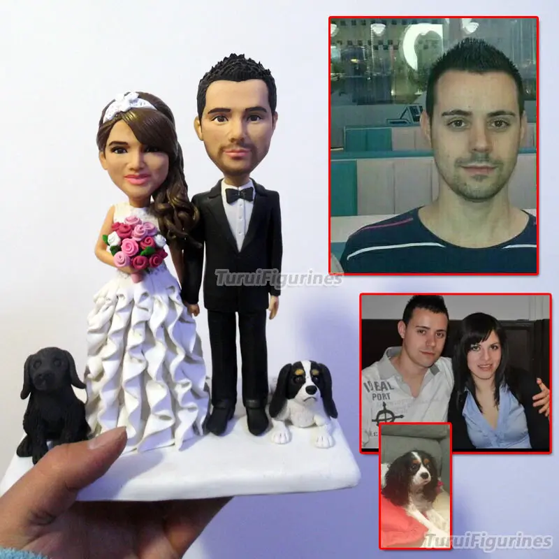 

bobblehead custom Wedding Cake Topper Statue with two dog Custom Bride Groom Stablemate animal Wedding Cake Topper personalised