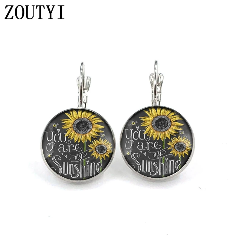 New/glamour retro style sunflower flower photo earrings, convex and concave glass ladies earrings.