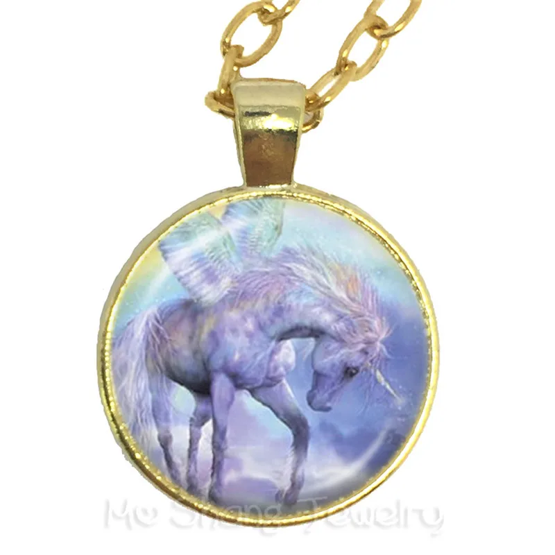 Unicorn 25mm Glass Cabochon Necklace White Horse Pendant Fashion Pegasus Jewlery For Men Women Sweater chain Gift