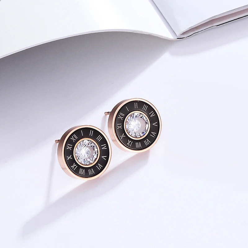 New Arrival Beautiful Periferia Black Enamel And White Shells Roman Numerals Middle Shiny Crystal Stud Earring For Women And Men