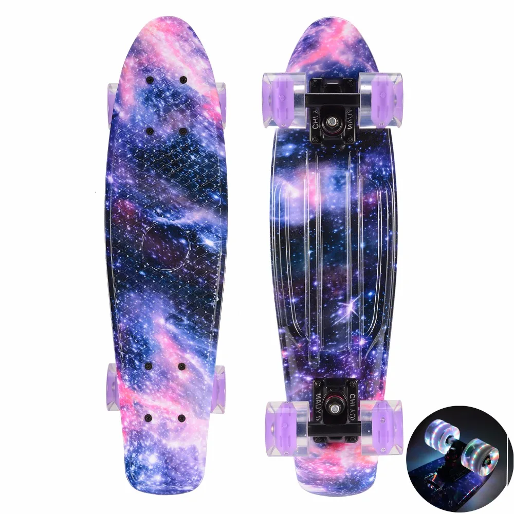 CHI YUAN-22 "Skate Cruiser Board Penny Board, 22x6", Longboard Retro, Skate Gráfico Galaxy, Menino Completo e Menina Levou Luz