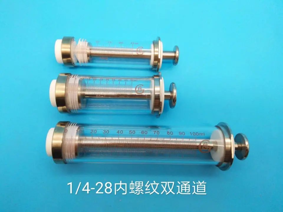 Internal Thread 1/4-28 Double Channel Airtight Syringe Glass Pump 25/50/100ml