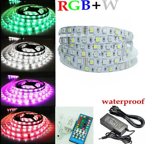 

5M RGBW SMD5050 Flexible Led Strips Rope lighting RGB+W RGB white waterproof IP65 12V 60LEDs/M+40 Key Remote controller+Adapter