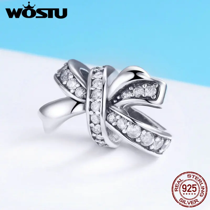 

WOSTU Authentic 100% 925 Sterling Silver Bowknot Crystal CZ Beads Charms fit Bracelet & Necklace Women Fashion Jewelry FIC773