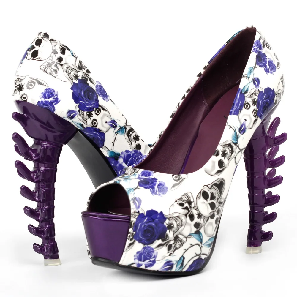 LF80629 Purple Skull Rose Peeptoe Platform Bone Heel Club Pumps