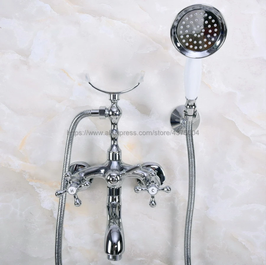 

Polished Chrome Bath Shower Faucet Set Dual Knobs Wall Mounted Bathtub Mixers with Handshower Swive Tub Spout Nna232