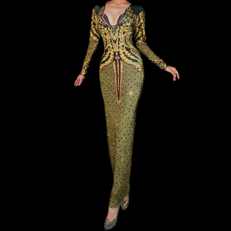 

Women's Birthday Celebrate Outfit Gold Printed Rhinestones Long Dress Dance Costume Nightclub Female Singer Sexy Stage Dress