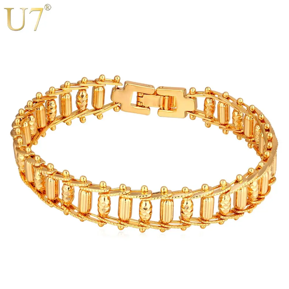 U7 11mm Wide Chunky Beaded Charm 19cm Bracelet for Woman Steam Punk Rock Jewelry Gold Color QC24