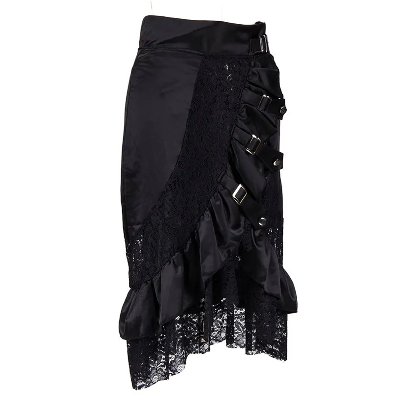 2018 Women\'s Steampunk High Waist Skirts Gothic Victorian Black Floral Lace Skirt Medieval Renaissance Asymmetrical Skirts