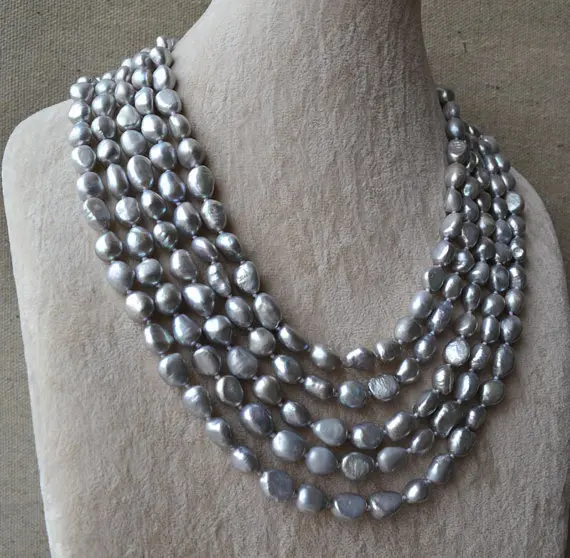 100% Real Pearl Long Necklace,Gray Color 7x10mm 100Inches Baroque Shape Freshwater Pearl Necklace