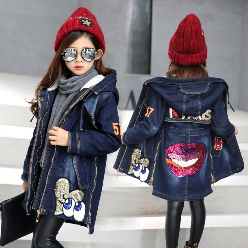 

Girls Denim Jacket Fall Winter New Children Sequins Spliced Long Hooded Coat Clothes Teenager Kids Thicken Warm Outerwear B193