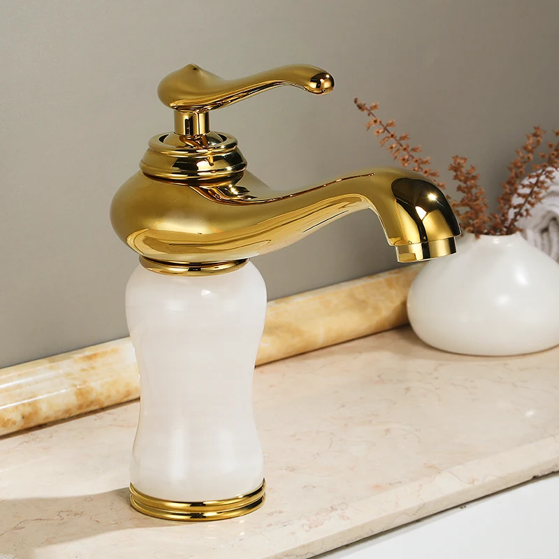 

Luxury Gold Solid Brass Natural jade Bathroom Sink Faucet Golden Art Basin Mixer Taps Single Handle Lavatory Faucet,Gold Finish