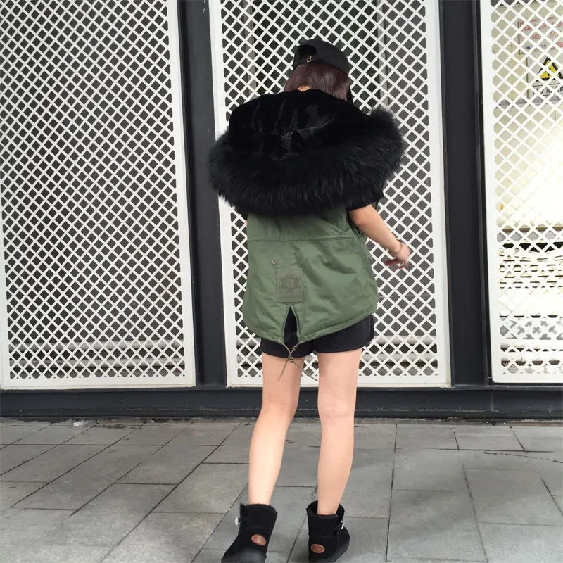 Black Faux Fur Lined Vest Ladies Winter Badges Army Green Waistcoat Unisex Big Fur Collar Vest