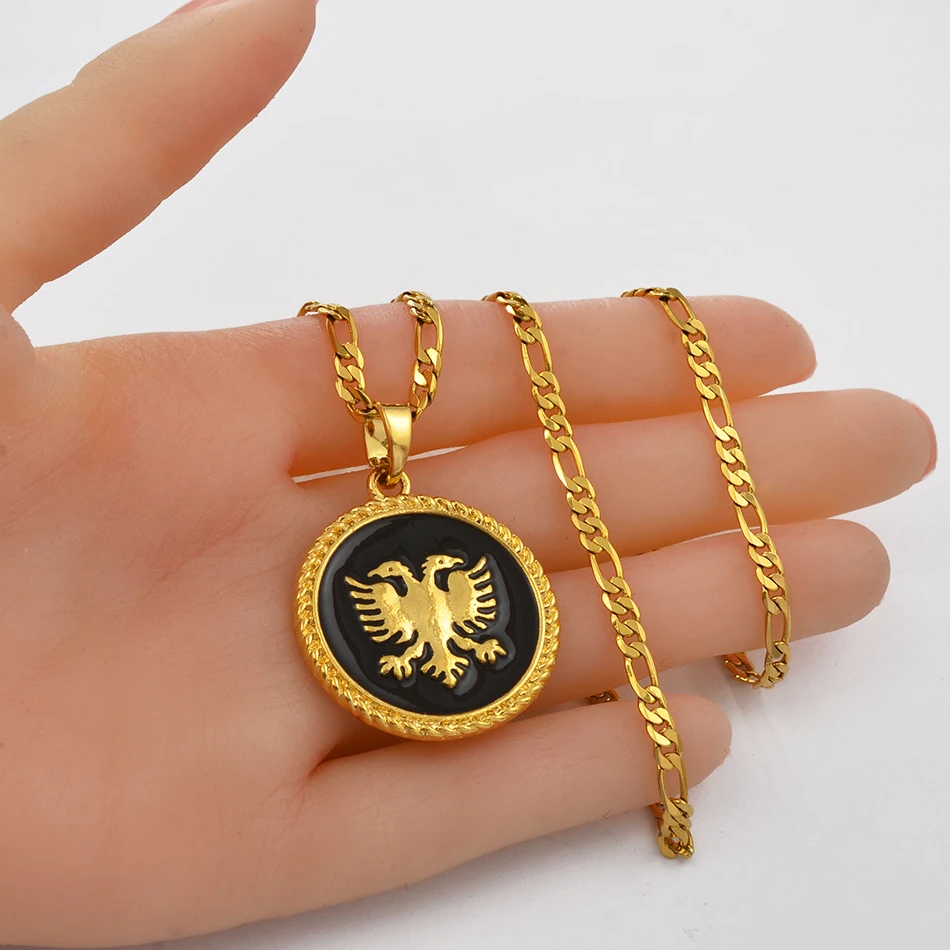 Anniyo Albania Eagle Pendant Necklaces for Men Women Gold Color & Enamel Jewelry Ethnic  Kosovo #197406