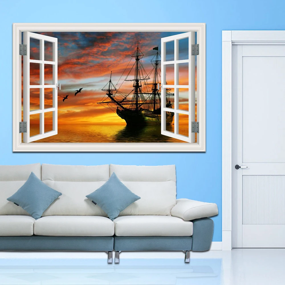 Sailing Boat Sea Landscape Removable 3D Wall Sticker Vinyl Decal Beach Sailboat Wallpaper Peel and Stick for Bedroom Kitchen view 5