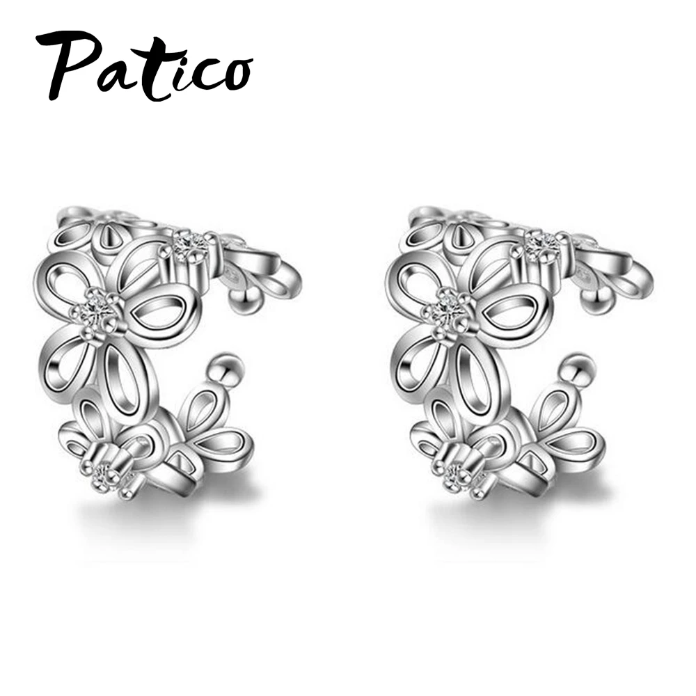 

Vintage 925 Silver Color Rose Gold Ear Cuff Punk Clip Earrings Small Flower Hollow Charm Brincos Best Sale Jewelry For Women