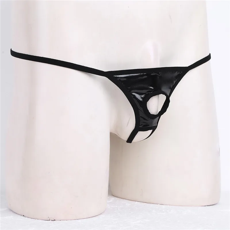 MSemis New Men Exotic Sexy  Lingerie Patent Leather Panties G-string Underwear Open Butt Thong Gay Mens Panties with Penis Holes