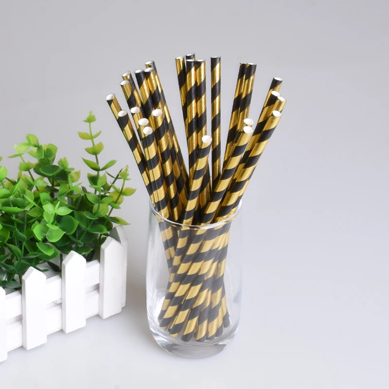 Free Shipping 500pcs(25pcs/pack) Gold Black Striped Paper Straws For Birthday Party,Wedding.Supply Biodegradable Paper Straws.