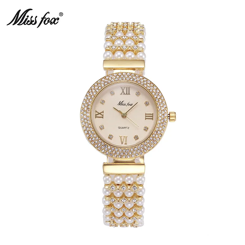 Miss Fox Pearl Watch for Women Luxury Famous Brand Steel Gold Watch Women Quartz Crystal Diamond Watch Clock montre femme