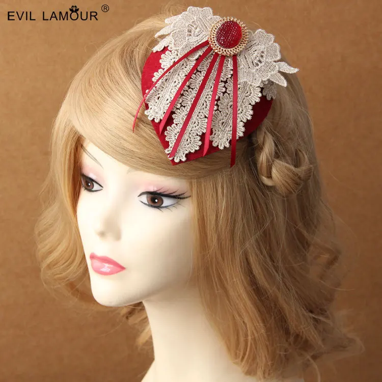 Princess lolita hairpin Vintage burgundy yarn flower lace hat bride wedding burgundy tassel homburg party hair accessory FJ - 25