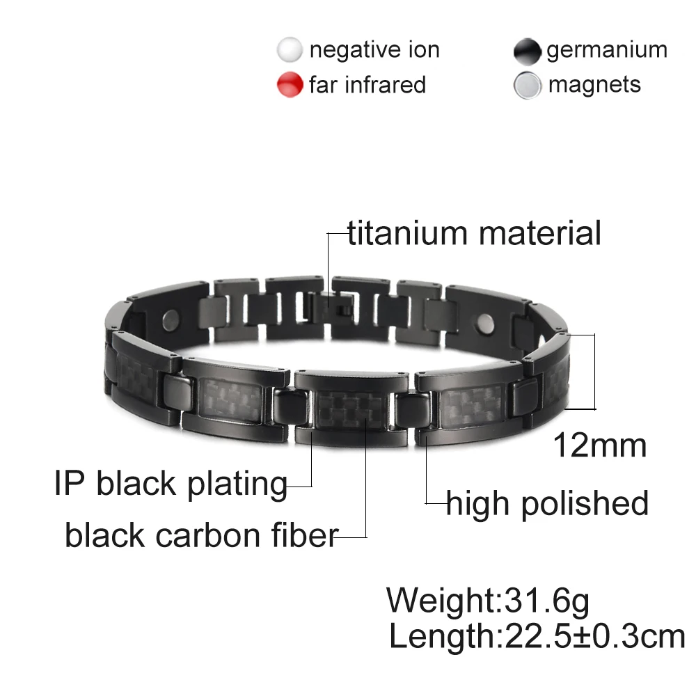 Vinterly Pure Titanium Magnetic Bracelet Men Black Carbon Fiber Charms Men Bracelet Health Energy Germanium Hologram Bracelets