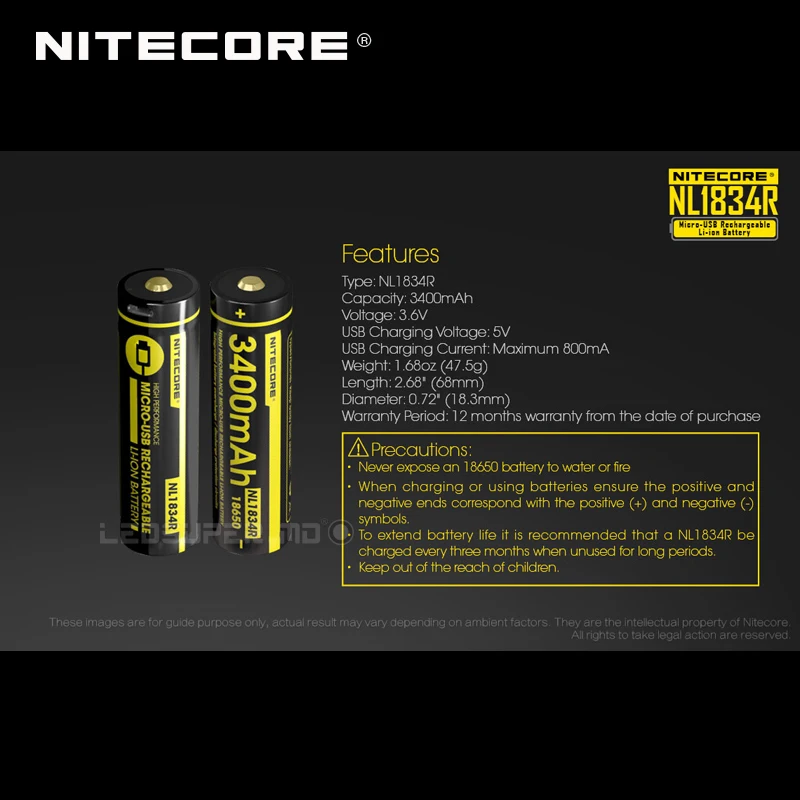 Hot Sale Nitecore NL1834R 3400mAh Micro-USB 18650 Li-ion Rechargeable Battery with Charging Port