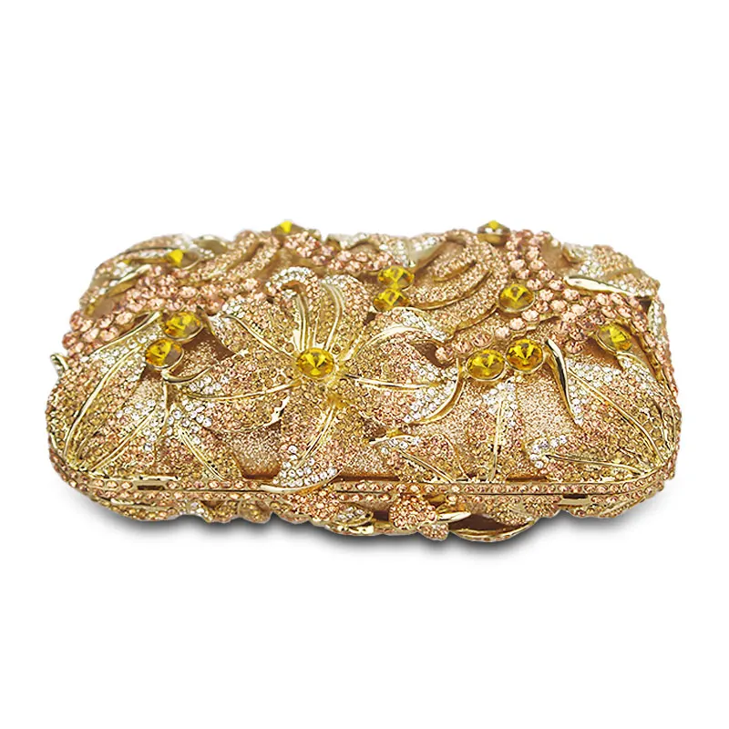 Luxury Golden Rose  yellow Flower Party Purse Women Wedding Bridal Handbag Pouch Soiree Pochette Bag Crystal Clutch Evening Bag image 3