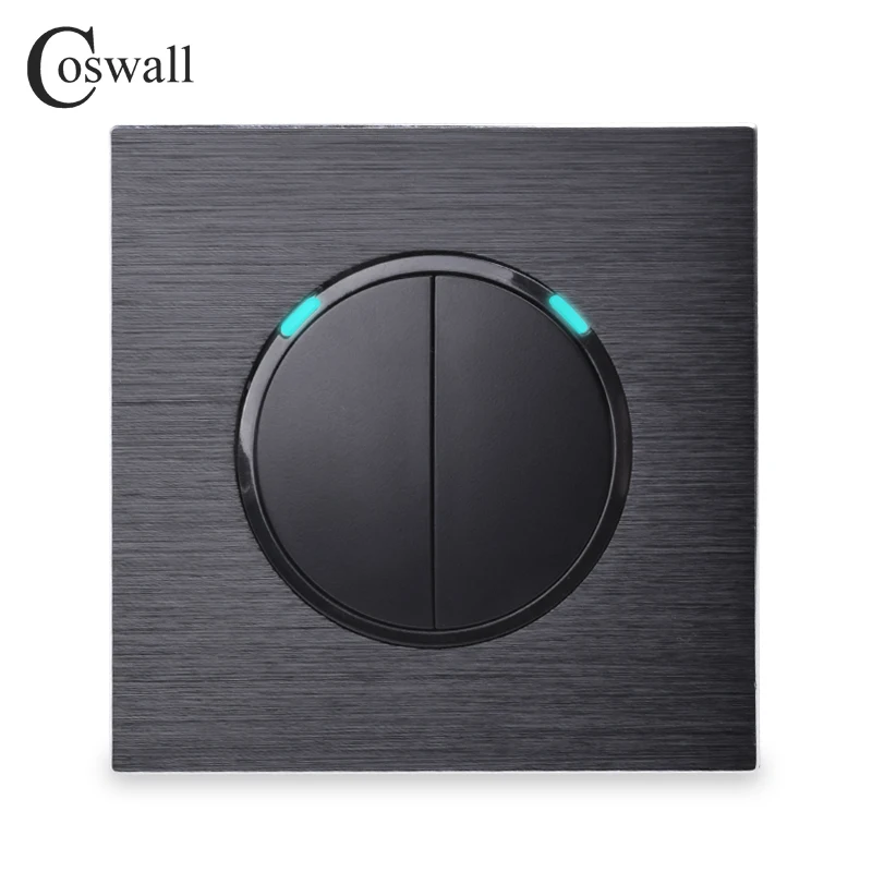 Coswall 2 Gang 1 Way Random Click On / Off Wall Light Switch With LED Indicator Black / Silver Grey Aluminum Metal Panel R12-02