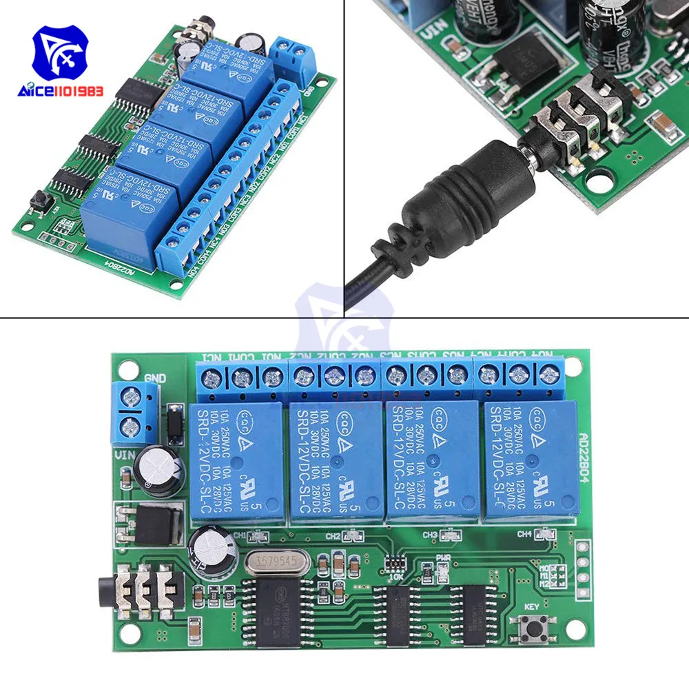 AD22B04 4 Channel Relay MT8870 DTMF Tone Signal Decoder Remote Control Relay Module 12V DC for PLC Smart Home with 3.5mm Cable