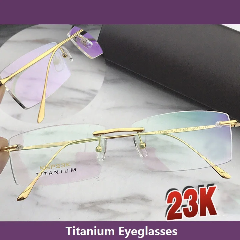 Cubojue 23k Gold Eyeglasses Frame Male Anti Blue Light Reading Glasses Men 0 +100 150 200 250 300 350 400 Rimless Spectacles