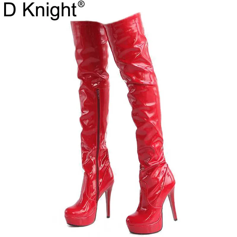 Women High Heels Tall Boots Sexy Patent Platform High Heeled Over The Knee Boots For Women Ladies Pole Dancing Boots Size 34-43